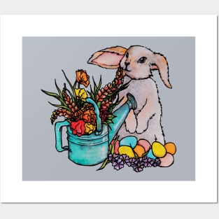 Watercolor Easter Bunny with watering can full of flowers Posters and Art